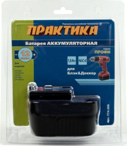 Аккумулятор ПРАКТИКА для B & D 12В, 1,5Ач, NiCd, блистер [774-306]