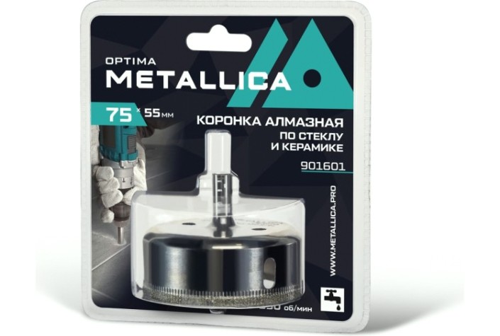Алмазная коронка для мокрого сверления METALLICA Optima 75x55 мм #80 по стеклу, плитке [901601]