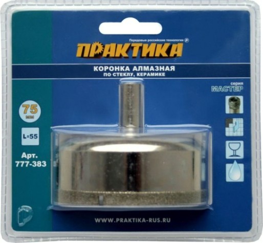 Алмазная коронка для мокрого сверления ПРАКТИКА "Мастер" 75 мм по стеклу и керамике [777-383]