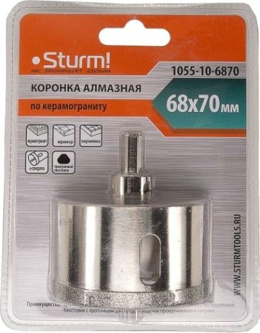 Алмазная коронка для мокрого сверления Sturm 1055-10-6870 по керамограниту 68х70 мм, хвост. с проточками