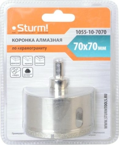 Алмазная коронка для мокрого сверления Sturm 1055-10-7070 по керамограниту 70х70 мм, хвост. с проточками