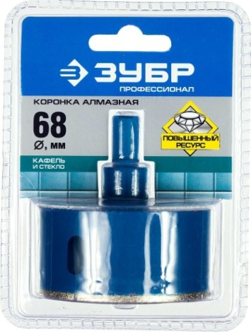 Алмазная коронка для мокрого сверления ЗУБР ПРОФЕССИОНАЛ по кафелю и стеклу, d=68 мм, зерно р 60, в сборе с [29850-68]
