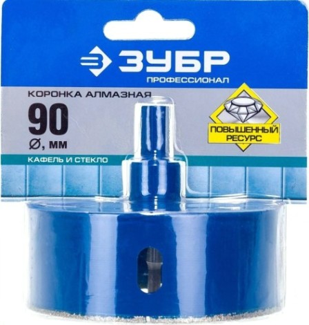 Алмазная коронка для мокрого сверления ЗУБР ПРОФЕССИОНАЛ по кафелю и стеклу, d=90 мм, зерно р 60, в сборе с [29850-90]