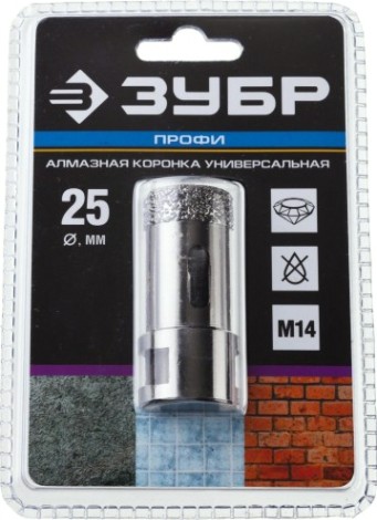Алмазная коронка для сухого сверления ЗУБР d=25 х 35, M14 Профессионал [29865-25]