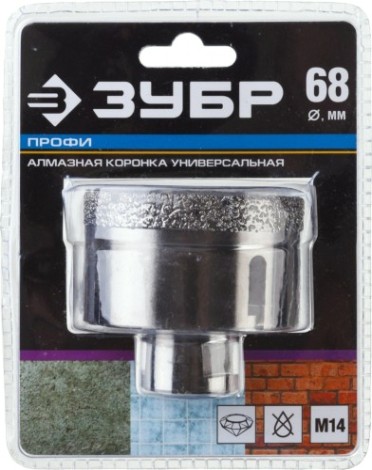Алмазная коронка для сухого сверления ЗУБР d=68 х 35, M14 Профессионал [29865-68]