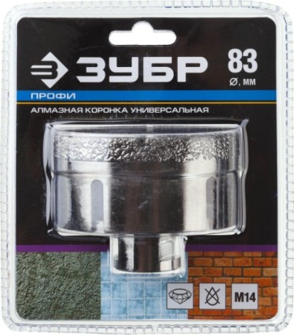 Алмазная коронка для сухого сверления ЗУБР d=83 х 35, M14 Профессионал [29865-83]