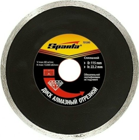 Алмазный диск для резки бетона Sparta 115х22,2 мм сплошной, мокрое [731395]