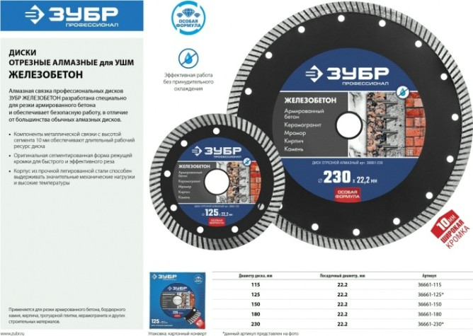 Алмазный диск для резки бетона ЗУБР 150х22.2 мм [36661-150]