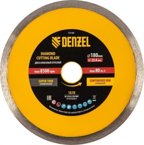 Алмазный диск для резки керамики Denzel сплошной, супертонкий, 180х25,4 мм, мокрый рез [73158]