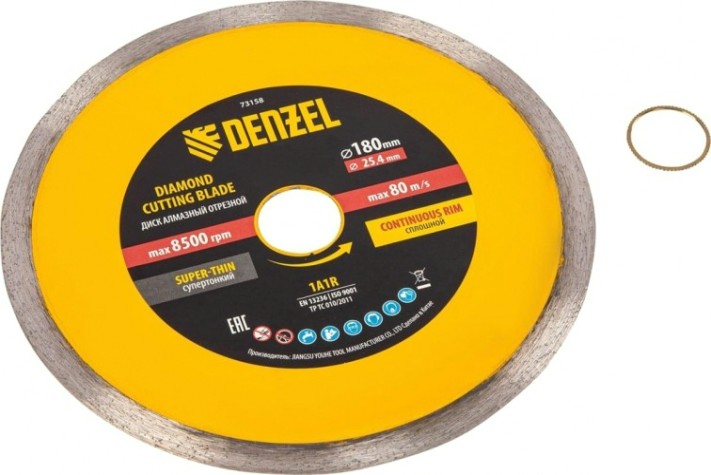 Алмазный диск для резки керамики Denzel сплошной, супертонкий, 180х25,4 мм, мокрый рез [73158]