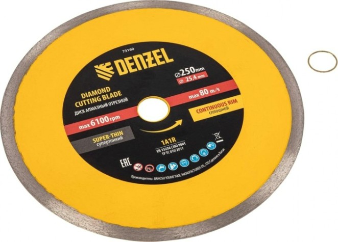 Алмазный диск для резки керамики Denzel сплошной, супертонкий, 250х25,4 мм, мокрый рез [73160]