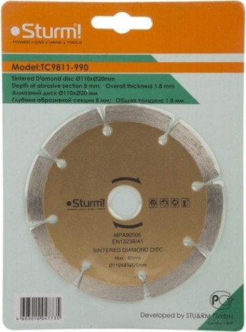 Алмазный диск для резки керамики Sturm TC9811-990 диам. 110мм, сегментный Алмазный диск для резки керамики Sturm TC9811-990 диам. 110мм, сегментный