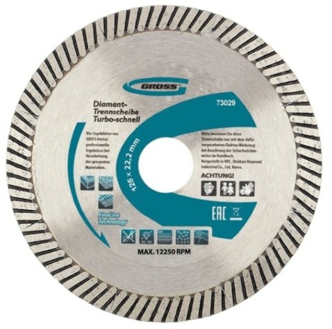 Алмазный диск универсальный GROSS 73029 ф125х22,2мм, турбо с лазер. перфорацией, сух.рез.
