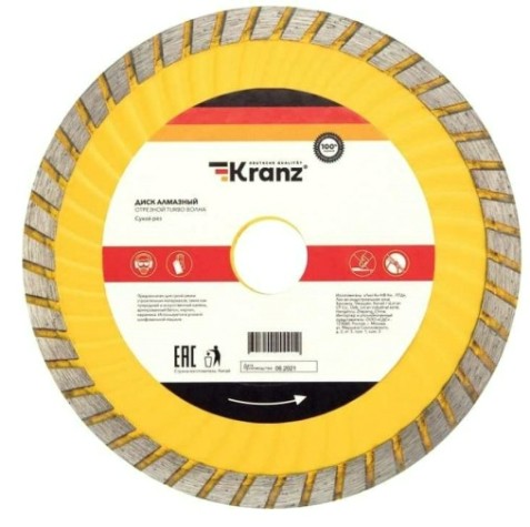 Алмазный диск универсальный Kranz KR-90-0133 отрезной Turbo волна 180x22,2x2,2x10мм