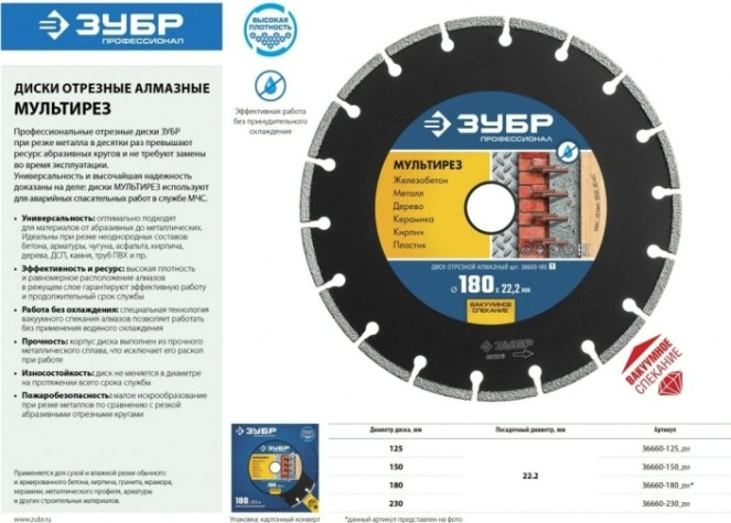 Алмазный диск универсальный ЗУБР 150х22.2 мм 150 мм МУЛЬТИРЕЗ [36660-150_z01]