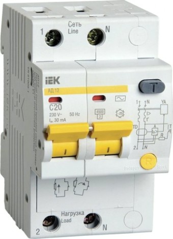 Автоматический выключатель дифференциального тока IEK АД-12 2п c 20А [MAD10-2-020-C-030]