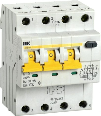 Автоматический выключатель дифференциального тока IEK АВДТ-34 4п (3p+n) c 10А [MAD22-6-010-C-30]