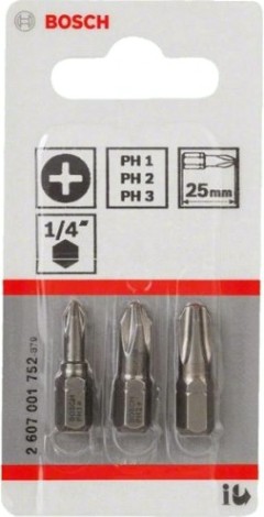 Бита для заворачивания BOSCH Extra Hard 25 мм PH/1/2/3 3шт [2607001752]