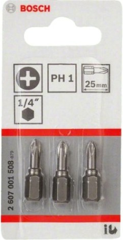 Бита для заворачивания BOSCH Extra Hard 25 мм PH1 3шт [2607001508]