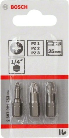 Бита для заворачивания BOSCH Extra Hard 25 мм PZ/1/2/3 3шт [2607001753]