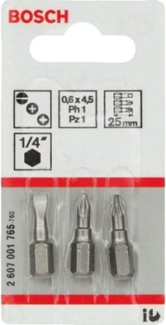 Бита для заворачивания BOSCH Extra Hard 25 мм S0.6х4.5/PH1/PZ1 3шт [2607001765]