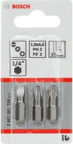 Бита для заворачивания BOSCH Extra Hard 25 мм S1.0х5.5/PH2/PZ2 3шт [2607001766]