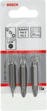 Бита для заворачивания BOSCH Extra Hard двусторонняя 45 мм PH2PZ2/S0.6x4.0 3шт [2607001744]