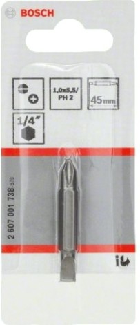 Бита для заворачивания BOSCH Extra Hard двусторонняя 45 мм S1.0x5.5 / PH2 [2607001738]