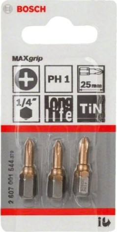 Бита для заворачивания BOSCH Max Grip 25 мм PH1 3шт [2607001544]