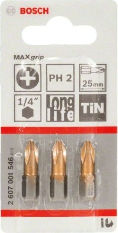 Бита для заворачивания BOSCH Max Grip 25 мм PH2 3шт [2607001546]