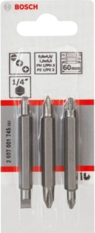 Бита для заворачивания двусторон. BOSCH PH1, PZ1, S 0,6x4,5; PH2, PZ2, мм (уп.3шт) [2607001745]