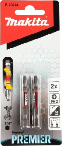 Бита для заворачивания MAKITA E-03274 Impact Premier PH2, 50 мм, E-form (MZ), 2 шт.
