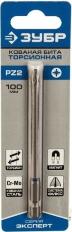 Бита для заворачивания ЗУБР ЭКСПЕРТ торсионная кованая, обточенная, e 1/4", pz2, 100мм [26013-2-100-1]