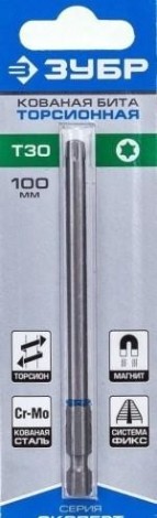 Бита для заворачивания ЗУБР ЭКСПЕРТ торсионная кованая, обточенная, e 1/4", t30, 100м [26015-30-100-1]