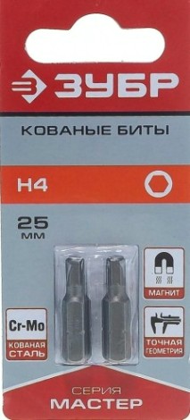 Бита для заворачивания ЗУБР МАСТЕР кованые, 1/4", hex4, 25мм, 2шт [26007-4-25-2]