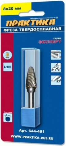 Бор-фреза по металлу ПРАКТИКА форма F парабола с зак. головой 8,0*20,0/65,0 хв. 6 мм 644-481 [644-481]