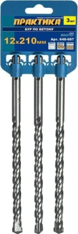 Бур SDS-plus ПРАКТИКА 12х210 мм, 3 шт, серия "мастер", клипса [648-687]
