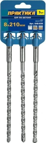 Бур SDS-plus ПРАКТИКА 8х210 мм, 3 шт, серия"мастер", клипса [648-656]