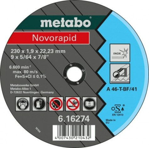 Диск отрезной по нержавеющей стали METABO 230x1,9x22,23 мм A46T Novorapid [616274000]