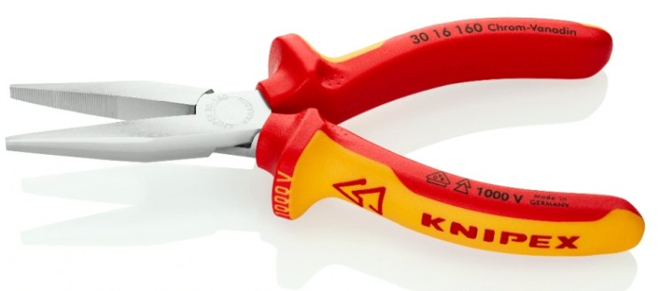 Длинногубцы KNIPEX KN-3016160SB VDE, плоские рифленные губки 46.5 мм, длина 160 мм