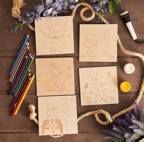 Доска для выжигания REXANT ДВ0933 «малыши зверята», 150х150 мм, 5 шт. [12-0933]