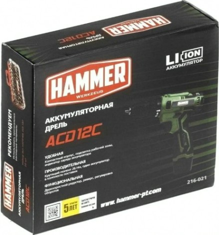 Дрель-шуруповерт аккумуляторная Hammer ACD12C 1x1.5Ah Li-ion, 26Hм [216-021]