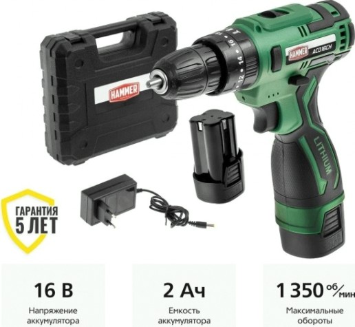 Дрель-шуруповерт аккумуляторная Hammer ACD16CH 2x2Ah Li-ion 30Hм, кейс [216-023]