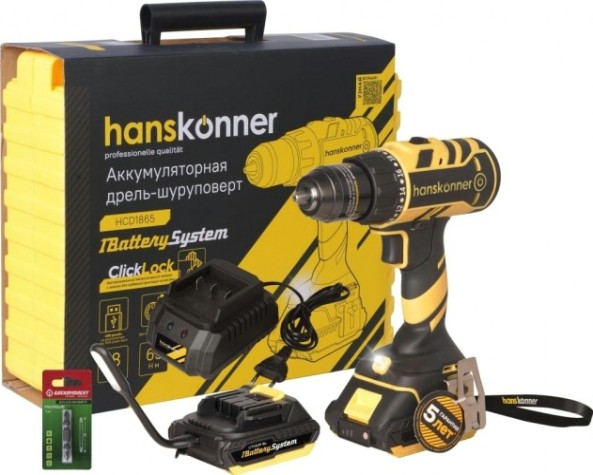 Дрель-шуруповерт аккумуляторная HANSKONNER HCD1865 Дрель-шуруповерт аккумуляторная HANSKONNER HCD1865
