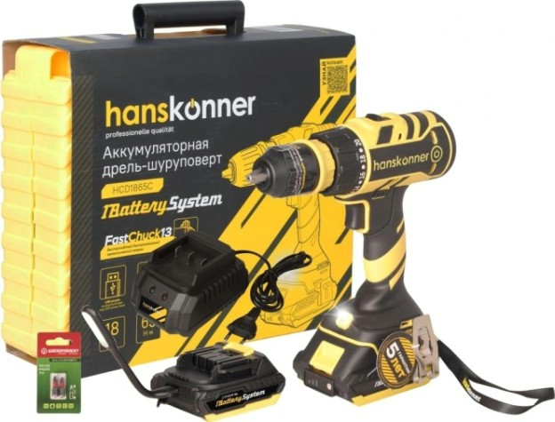Дрель-шуруповерт аккумуляторная HANSKONNER HCD1865C