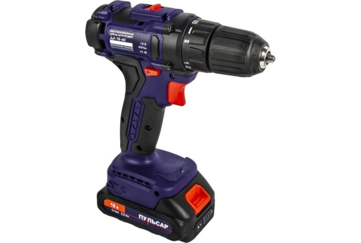 Дрель-шуруповерт аккумуляторная ПУЛЬСАР ДА 18-40 безударная (18в, 2 аккум.) [916-967]