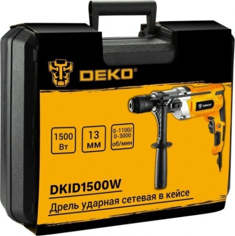 Дрель ударная сетевая DEKO DKID1500W двухскоростная, в кейсе, БЗП [063-4322]