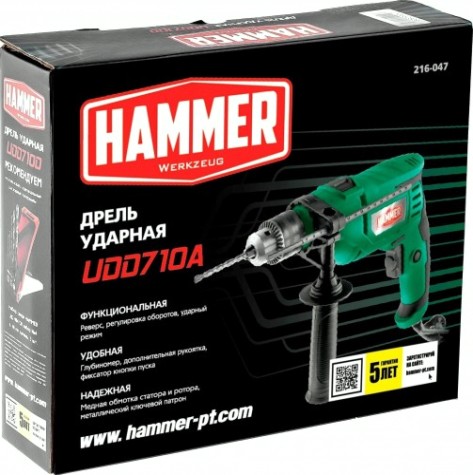Дрель ударная сетевая Hammer UDD710A 13мм, реверс [216-047]