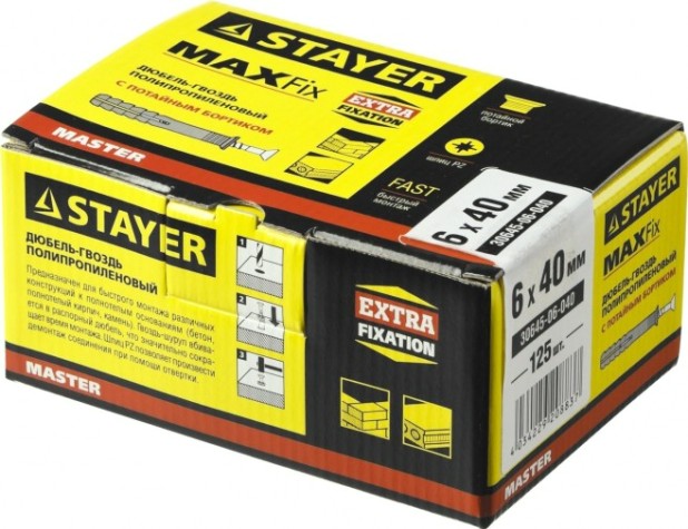 Дюбель гвоздевой с потайной манжетой STAYER MASTER полипропиленовый, бортик, 6x40 мм, 125 шт, [30645-06-040]