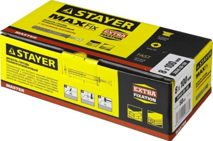 Дюбель гвоздевой с потайной манжетой STAYER MASTER полипропиленовый, бортик, 8x100 мм, 50 шт, [30645-08-100]